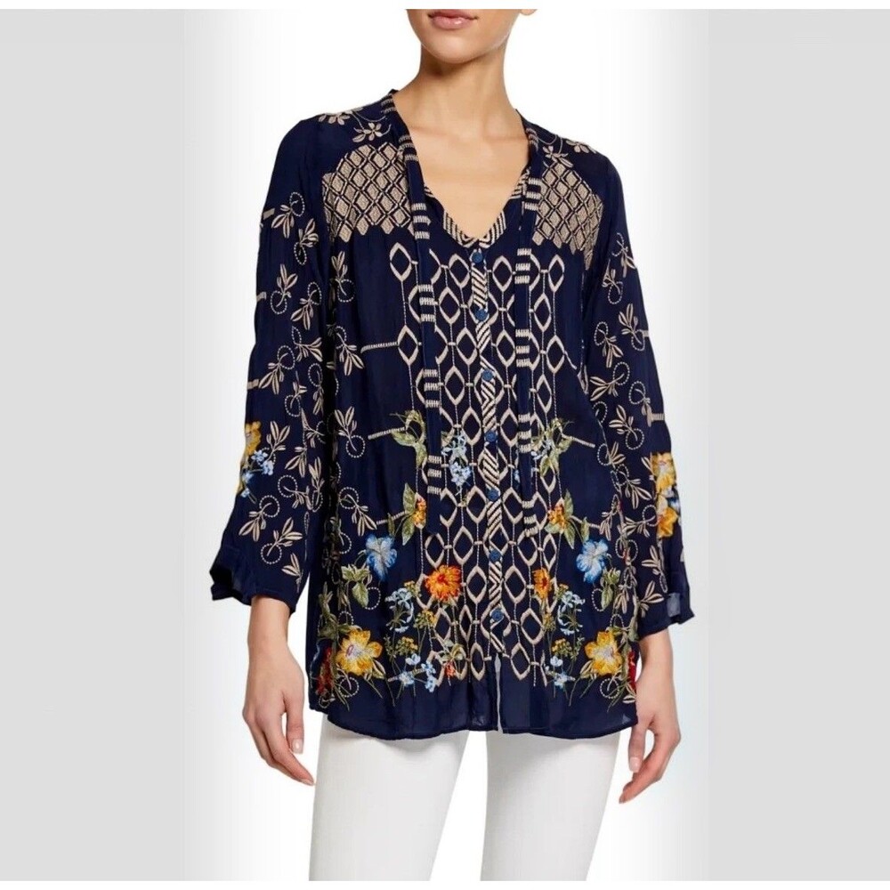 Johnny Was Luca Multi Embroidered Long Sleeve Button Front Tunic Blouse Women L